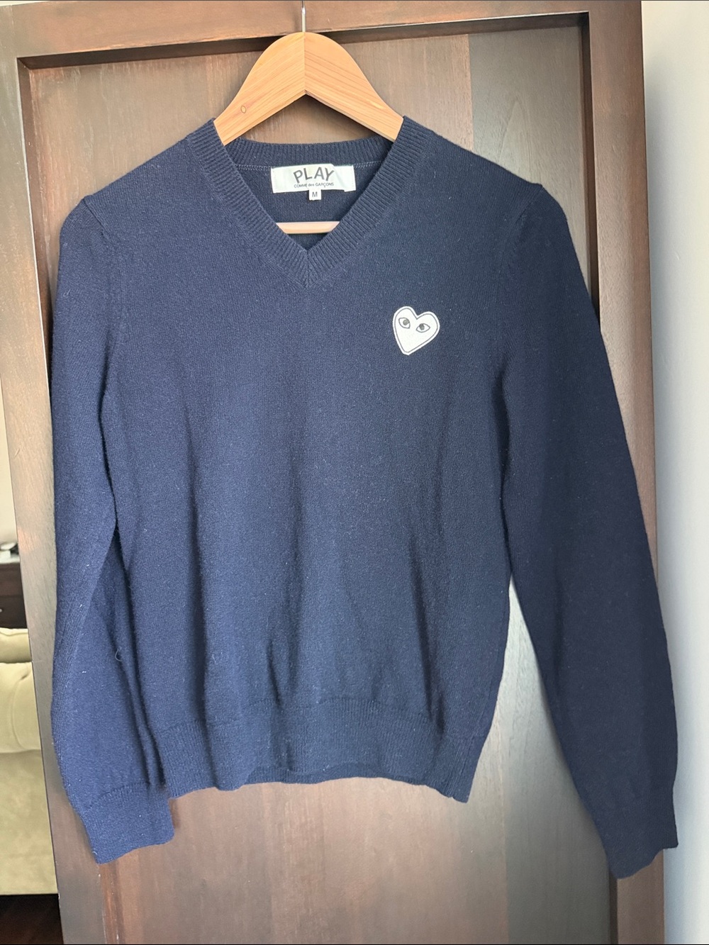 Comme des Garcons Navy V-Neck Heart Patch Knit Sweater.